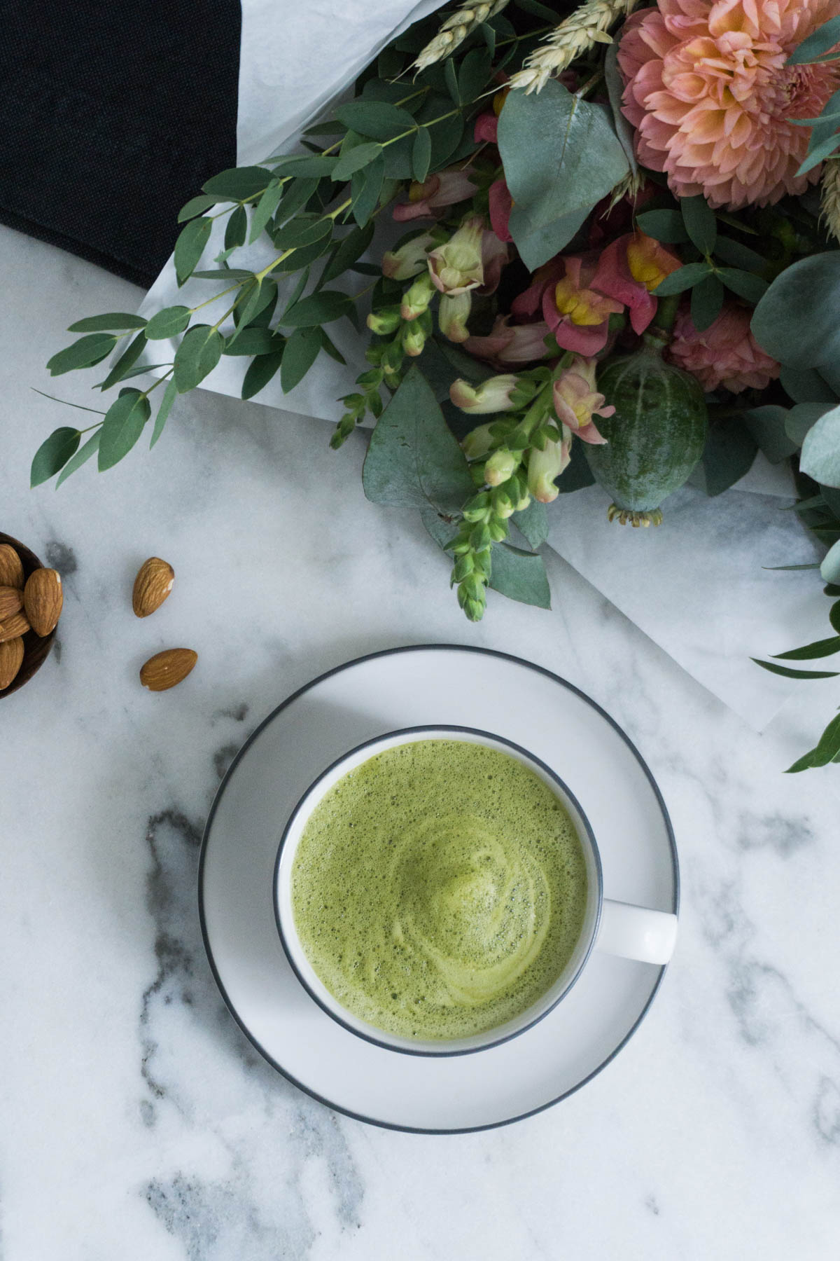 Matcha Latte Recipe, Oat Milk - Minimalist Kitchen, Whimsical Flowers / RG Daily Blog