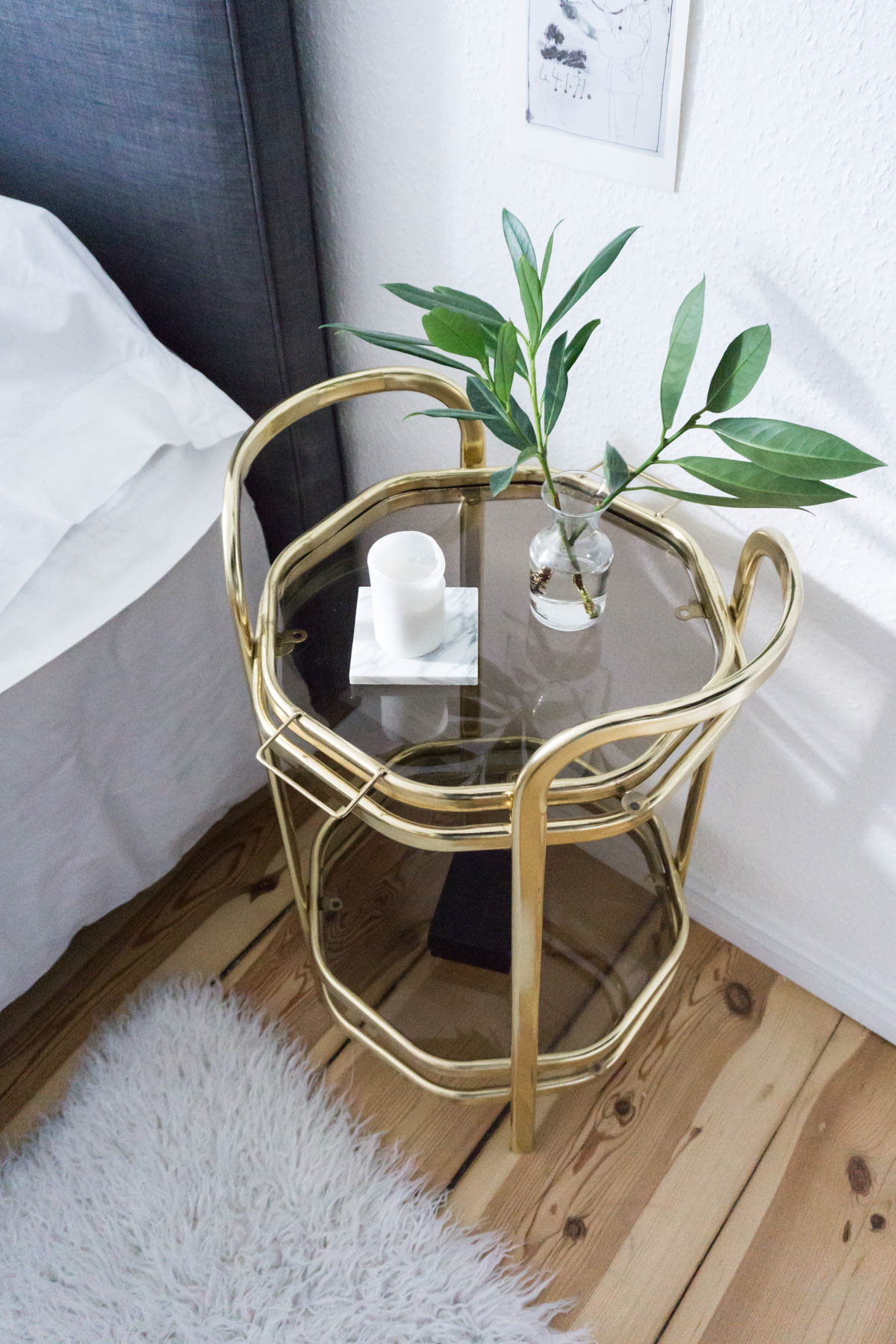 Scandinavian Glam Bedroom / Minimalist Interior, Gold Side Table - RG Daily Blog