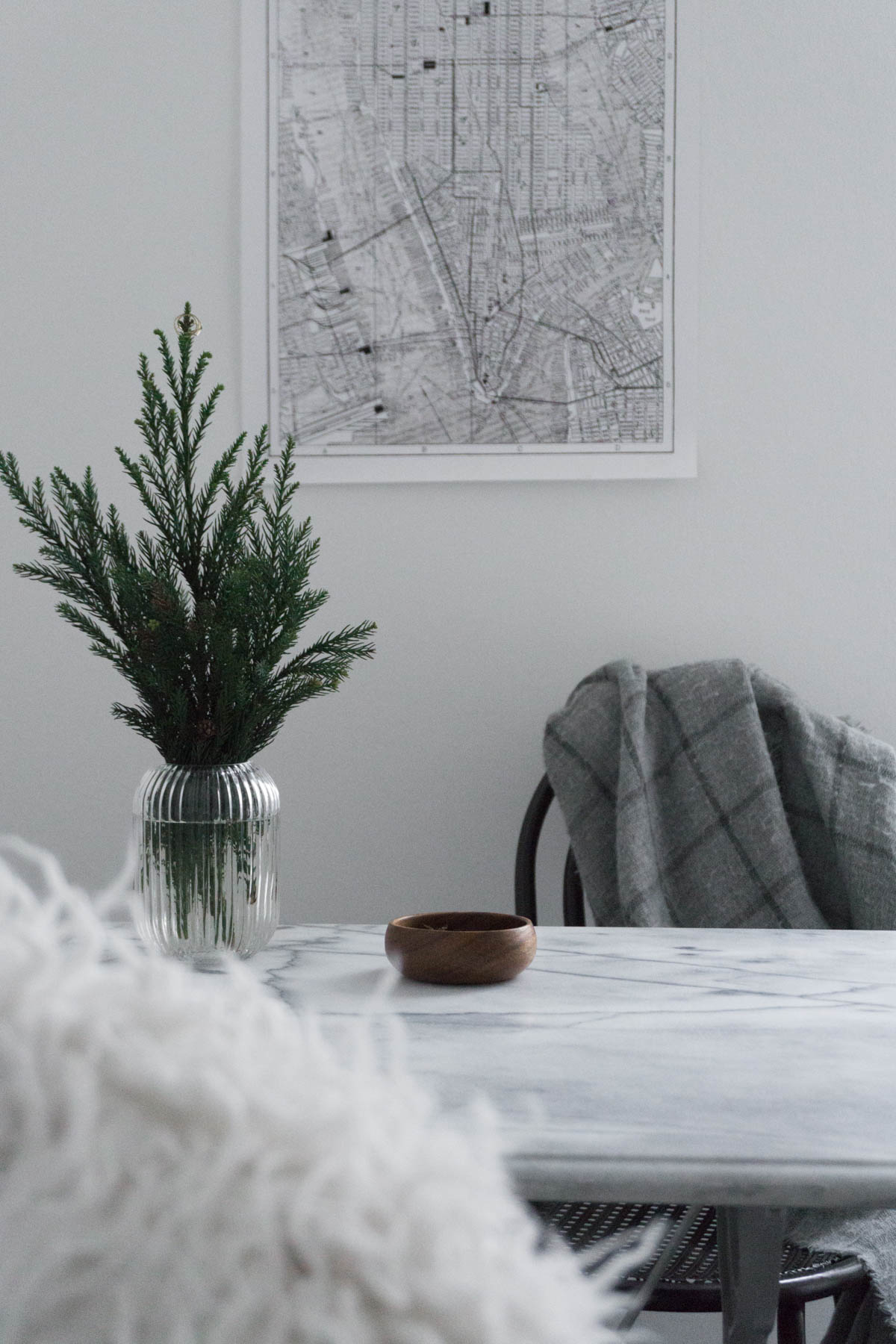 Cozy Kitchen Table, Scandinavian Christmas Decor, Marble and Evergreen - RG Daily Blog