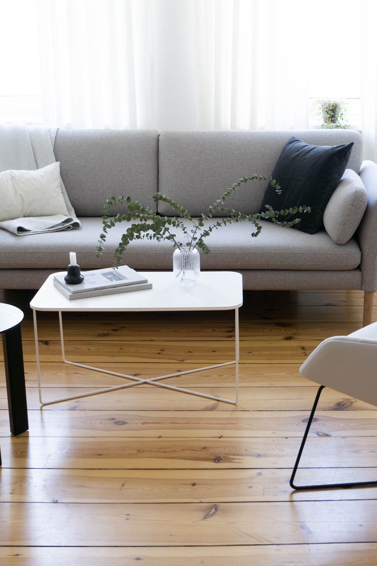 Eucalyptu and Grey Sofa, Minimalist Living Room, Scandinavian Home - Berlin Flat Rebecca Goddard - RG Daily Blog