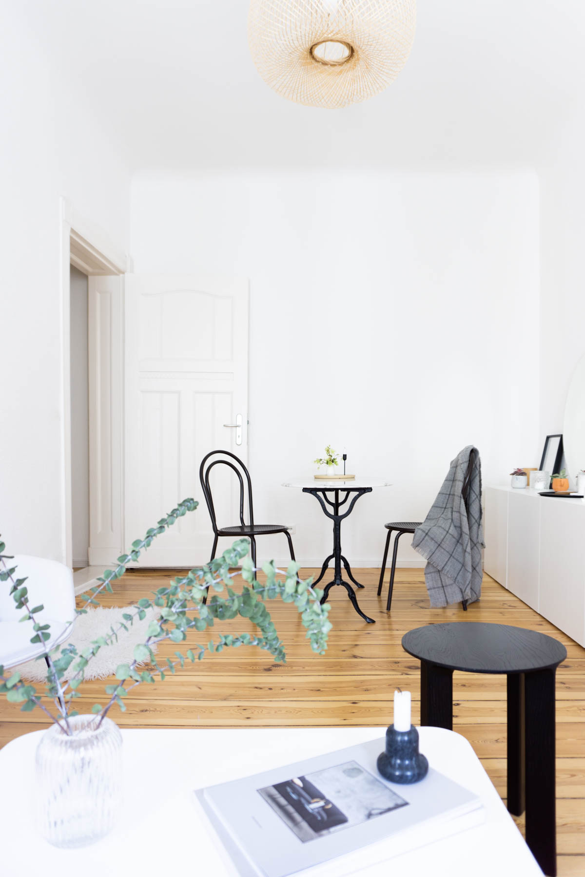 Black Thonet Chairs Marble Table Dinning Area, Minimalist Living Room, Scandinavian Home - Berlin Flat Rebecca Goddard - RG Daily Blog