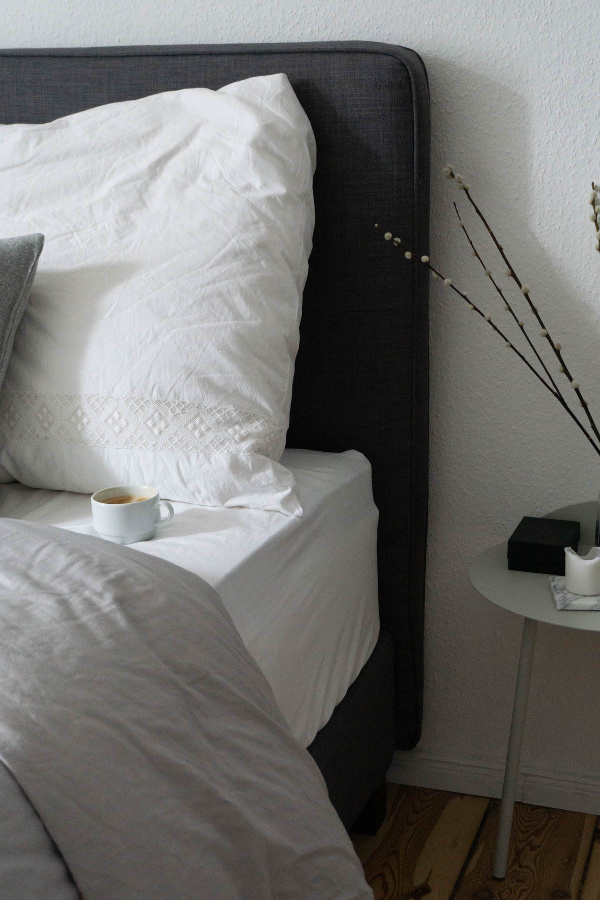 Calming Scandinavian Bedroom Details - Coffee - Grey and White - RG Daily Blog