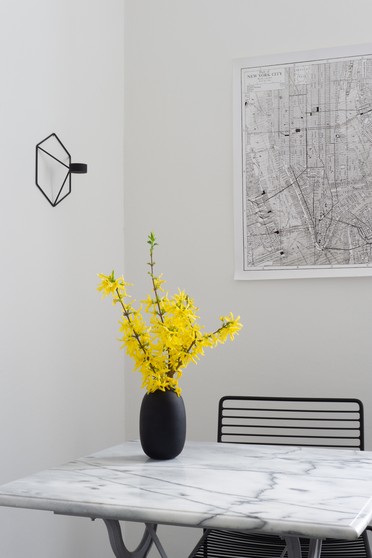 Minimalist Scandinavian Kitchen - Marble Table, HAY HEE Chair, Menu POV, Yellow Flowers, Forsythia - RG Daily Blog Interior Style