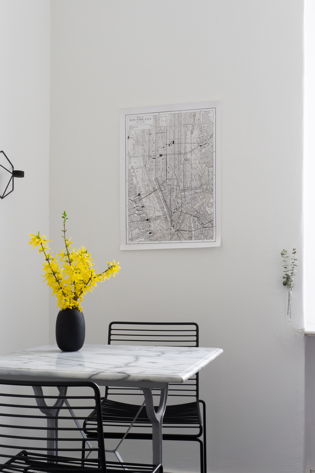 Minimalist Scandinavian Kitchen - Marble Table, HAY HEE Chair, Menu POV, Yellow Flowers, Forsythia - RG Daily Blog Interior Style