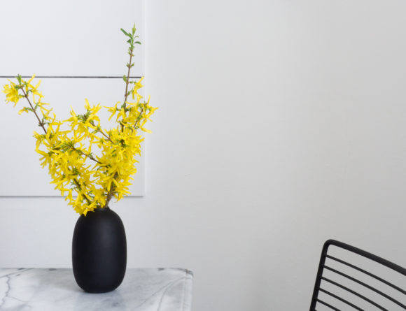 Minimalist Scandinavian Kitchen - Marble Table, HAY HEE Chair, Menu POV, Yellow Flowers, Forsythia - RG Daily Blog Interior Style