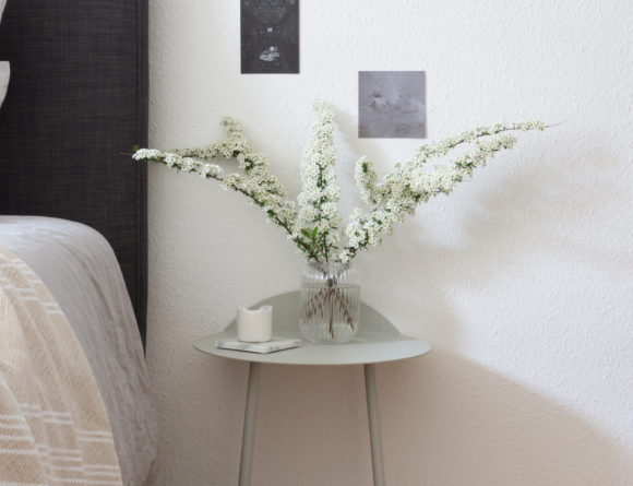 Scandinavian Bedroom, Minimalist Bedside Table, Fresh Flowers, Menu Yeh Wall Table - RG Daily Blog Interior Style