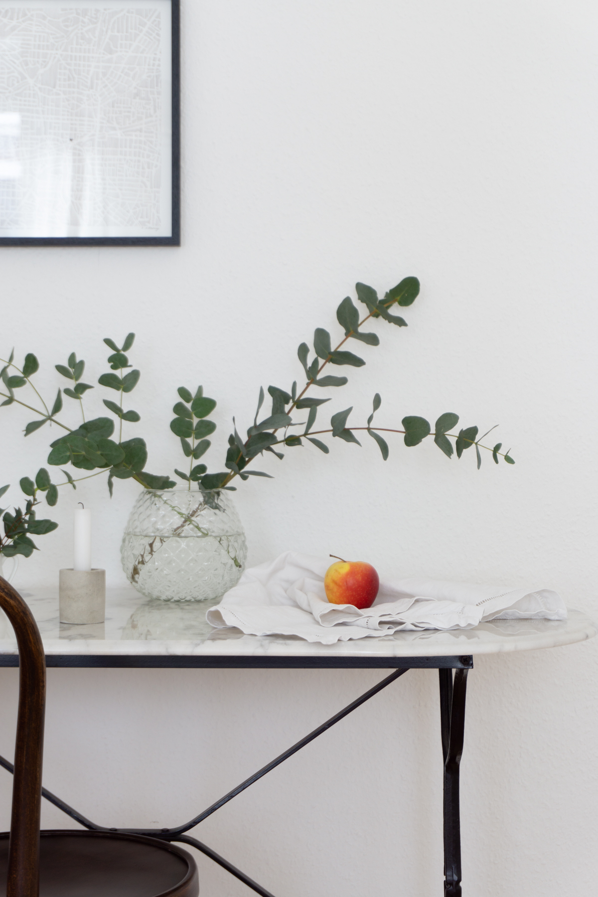 French Inspired Vintage Still Life - Marble Table, Eucalyptus, Apple, Candle - Scandinavian Interior / RG Daily Blog