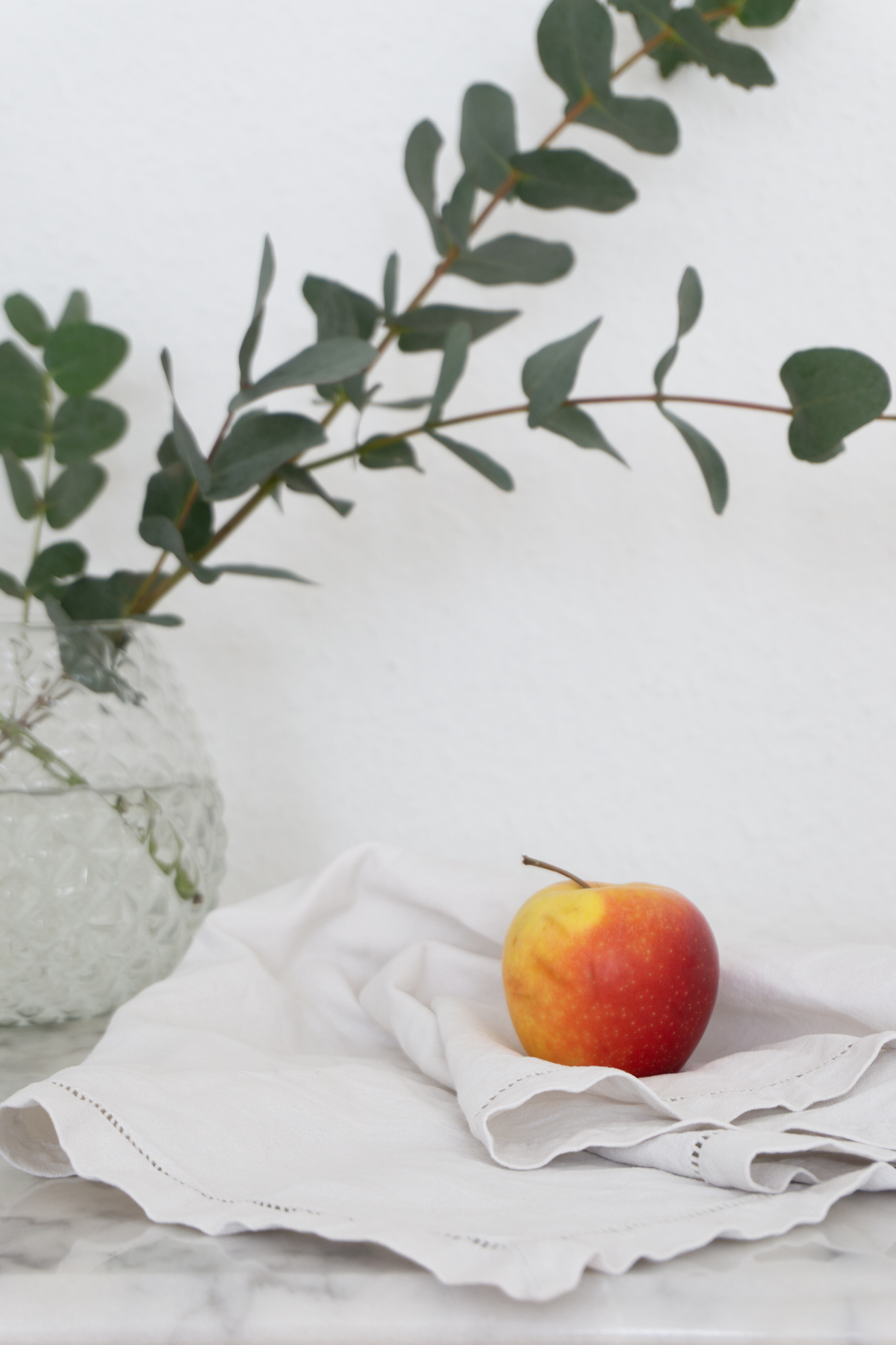 French Inspired Vintage Still Life - Marble Table, Eucalyptus, Apple - Scandinavian Interior / RG Daily Blog