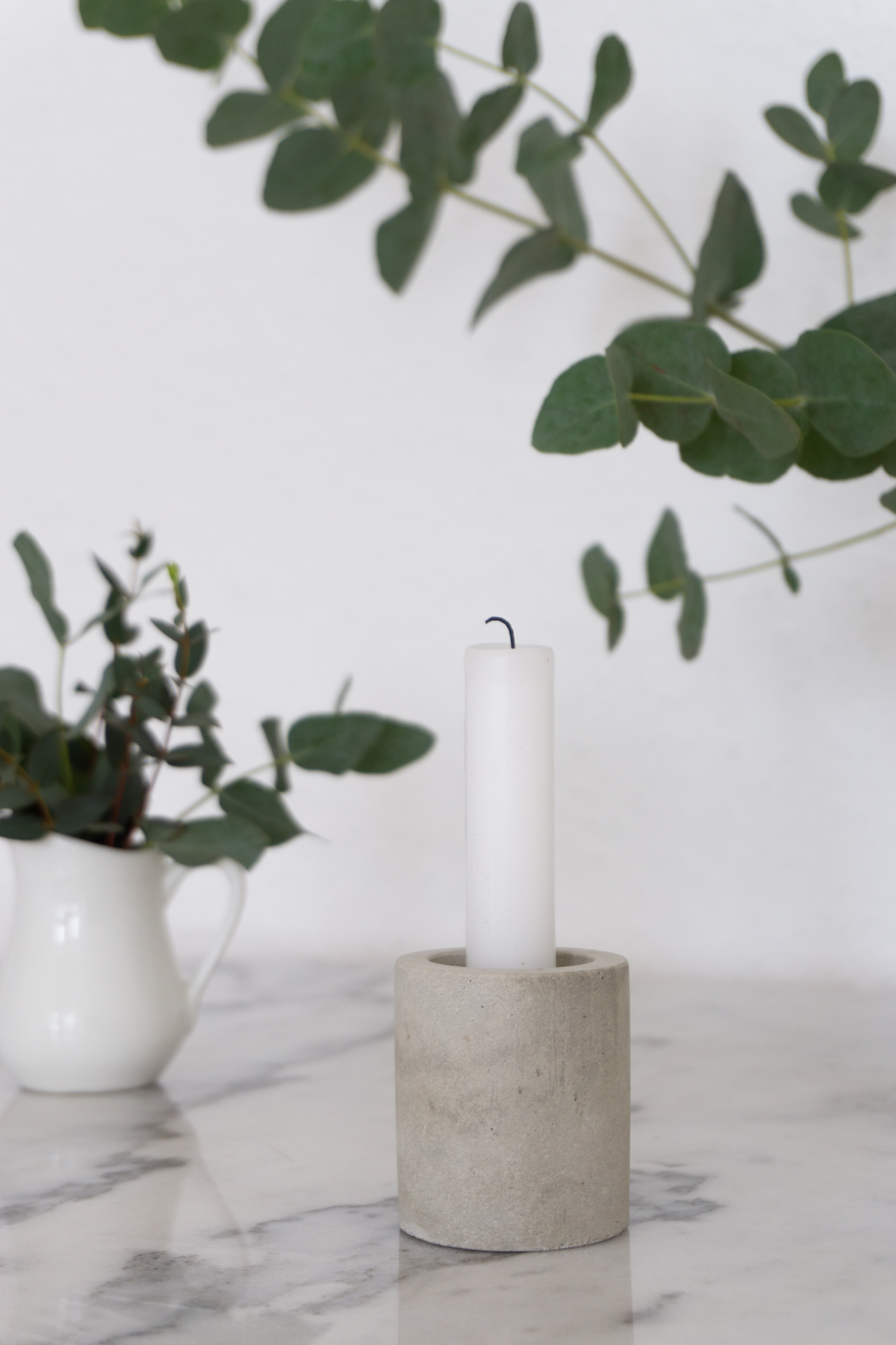 French Inspired Vintage Still Life - Marble Table, Eucalyptus, Candle - Scandinavian Interior / RG Daily Blog