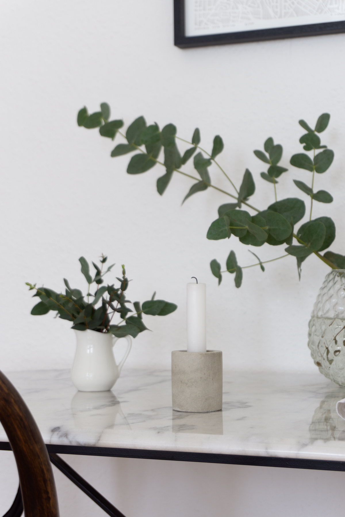 French Inspired Vintage Still Life - Marble Table, Eucalyptus, Candle - Scandinavian Interior / RG Daily Blog