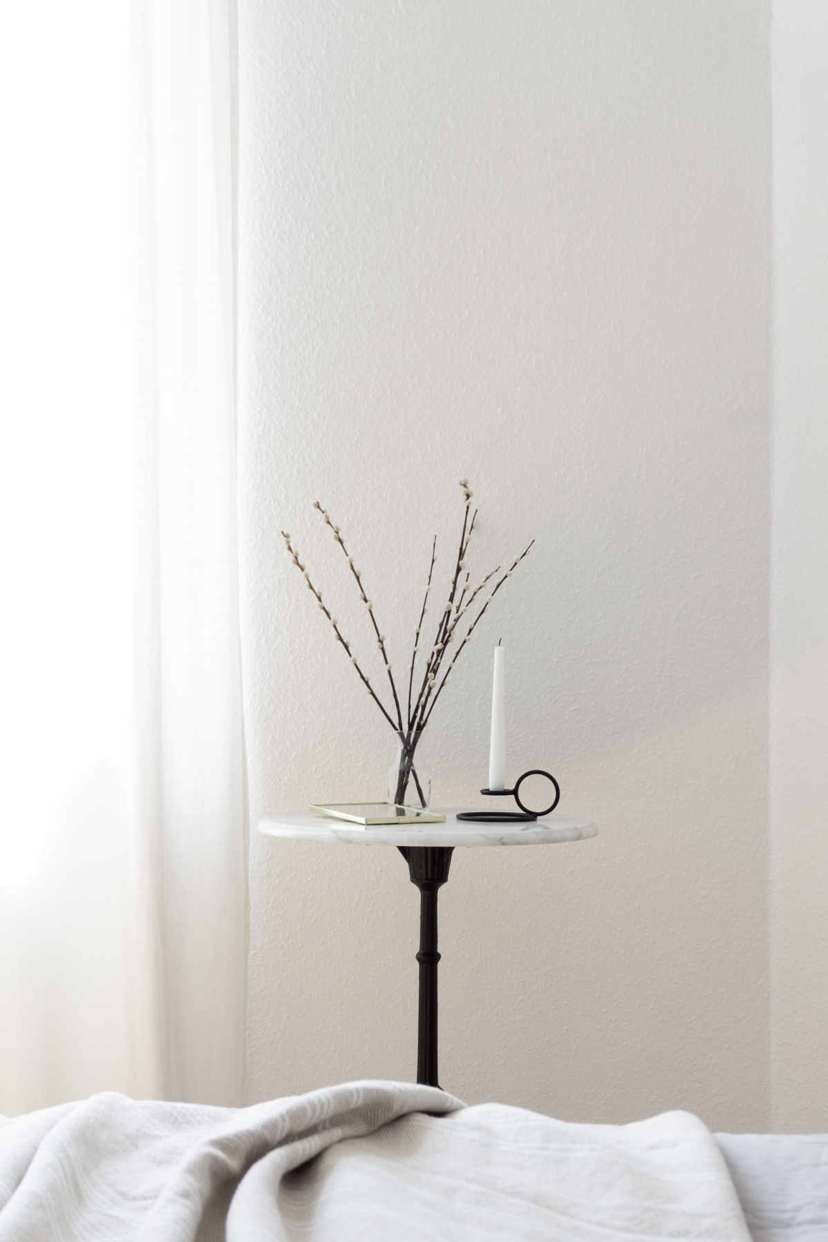 Vintage Marble Cafe Table and Radius Candle Holder by Woud - Scandinavian Interior Style, Minimalist Bedroom - RG Daily Blog