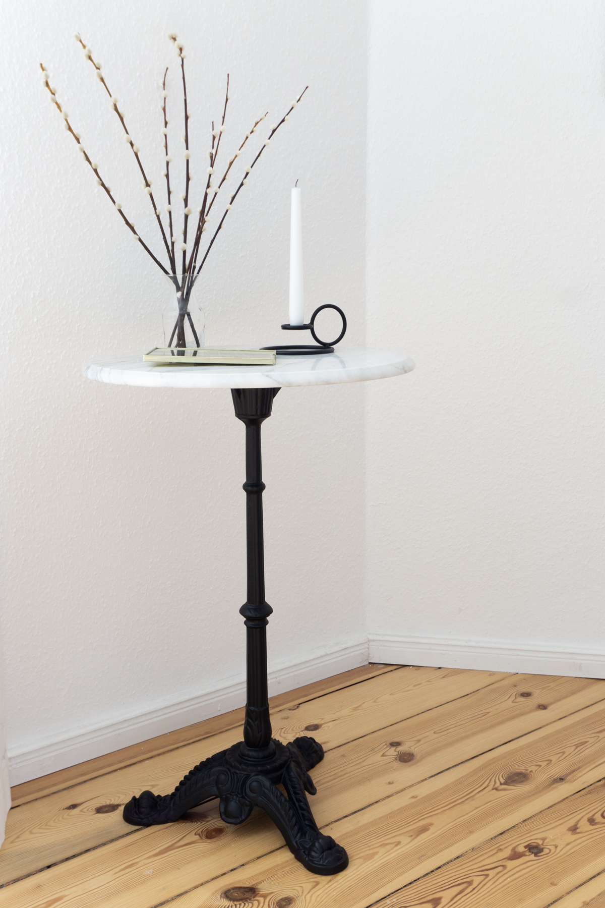 Vintage Marble Cafe Table and Radius Candle Holder by Woud - Scandinavian Interior Style, Minimalist Bedroom - RG Daily Blog