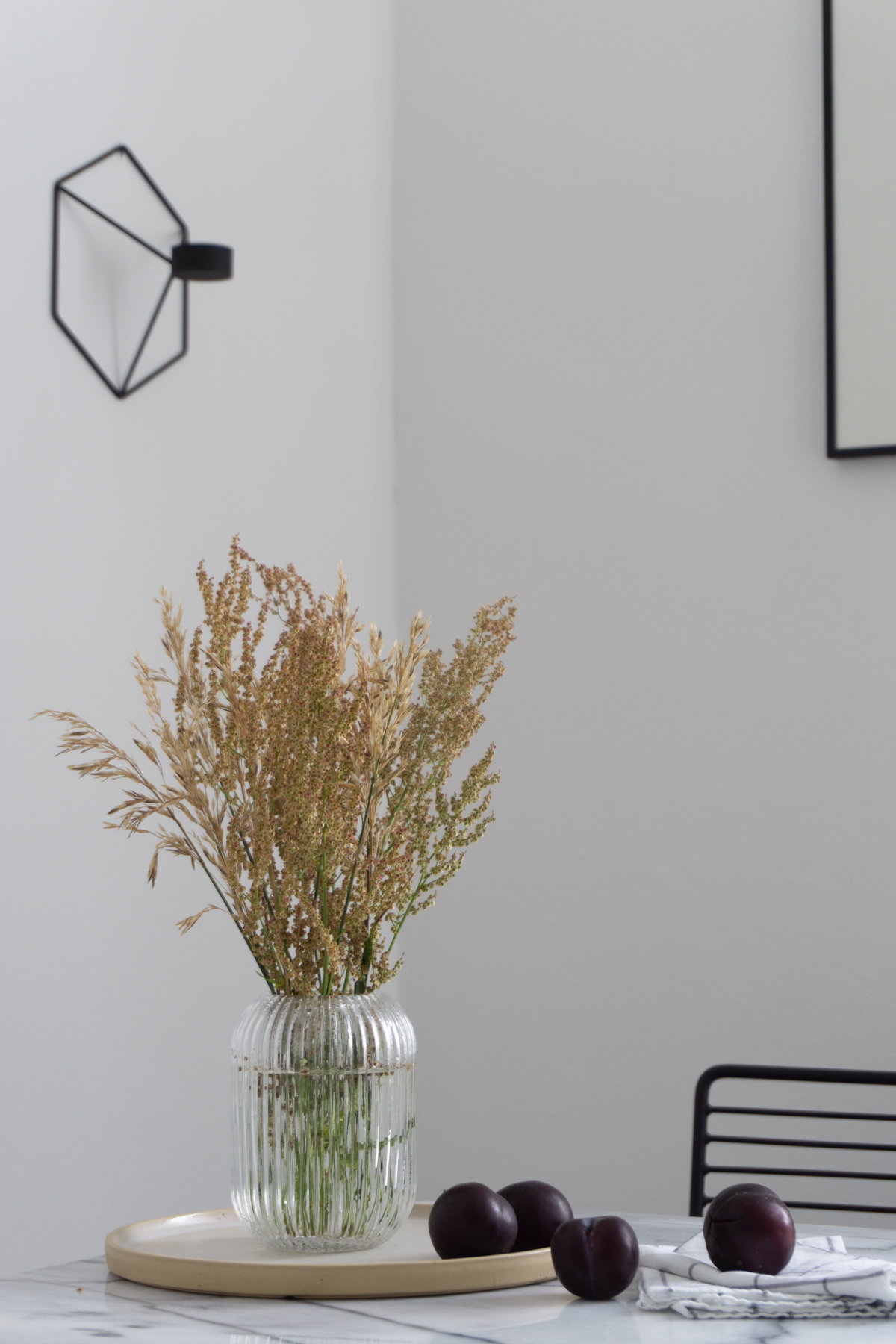 White and Beige Danish Inspired Kitchen | Matisse Artwork, Marble Kitchen Table, Hay Hee Chair, Menu POV, Wheat Arrangement - RG Daily Blog, Interior Design