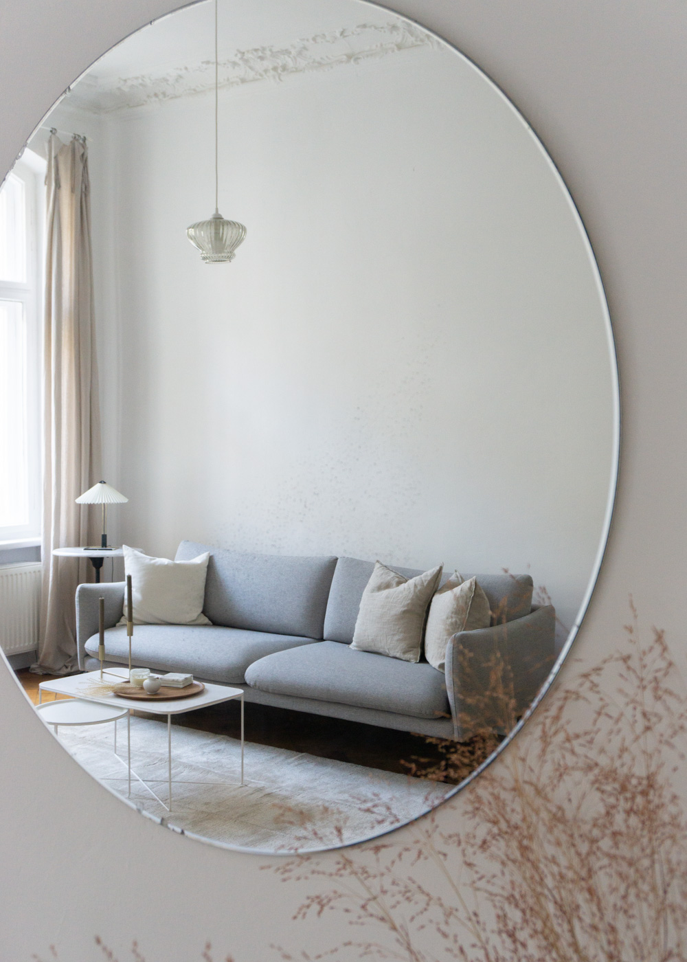 Round Mirror, Grey Sofa, Beige Living Room - Neutral Home, Scandinavian Aesthetic, Berlin Apartment, White Interior, Calm Lighting | RG Daily Blog