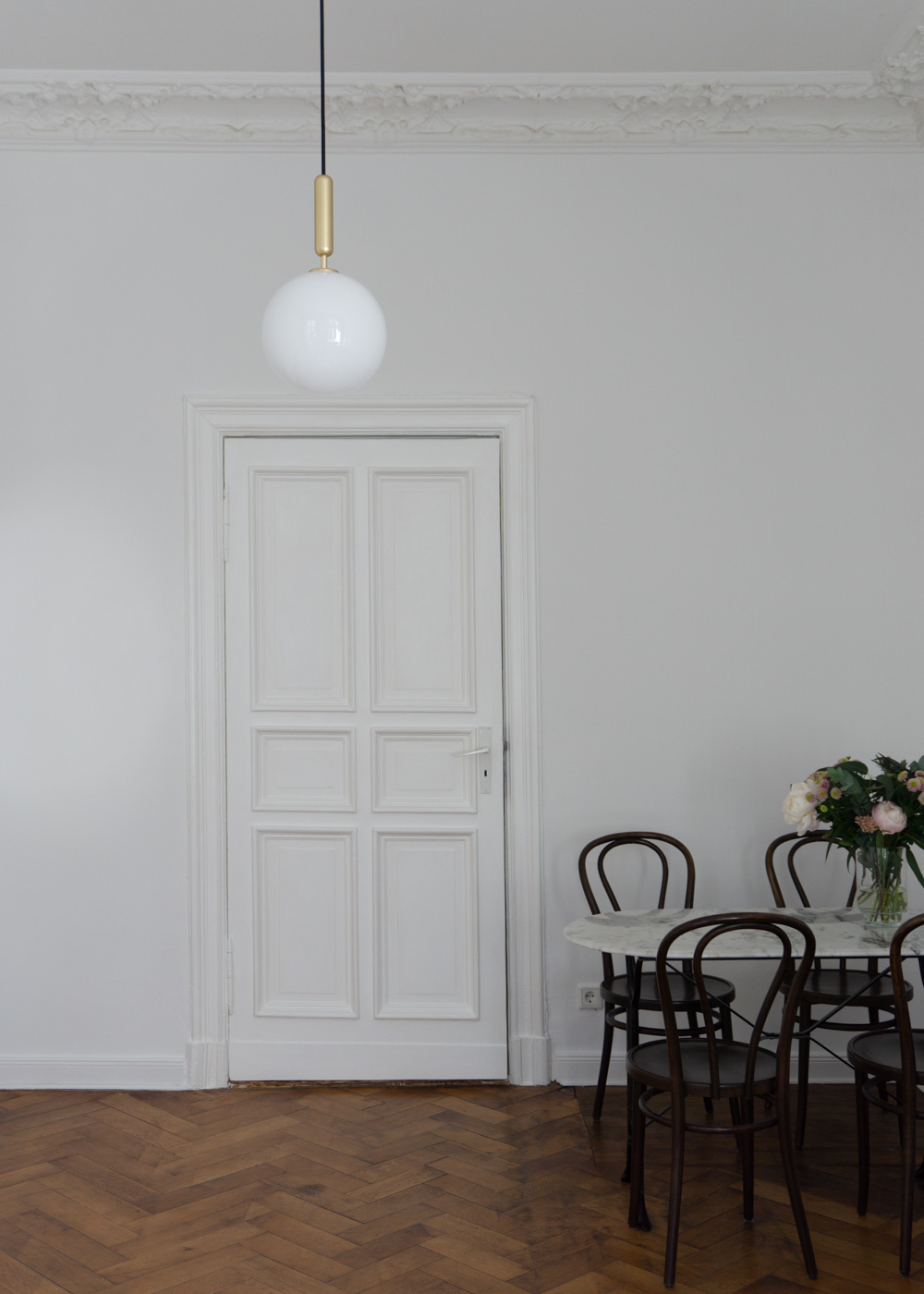 Nuura Lighting, Danish Design, Wood Floors, White Living Room, Thonet Chairs, Gold Ball Ceiling Lamp, Miira, Minimalist Home, Classic Interior, Timeless Style, Scandinavian Decor, Neutral Aesthetic