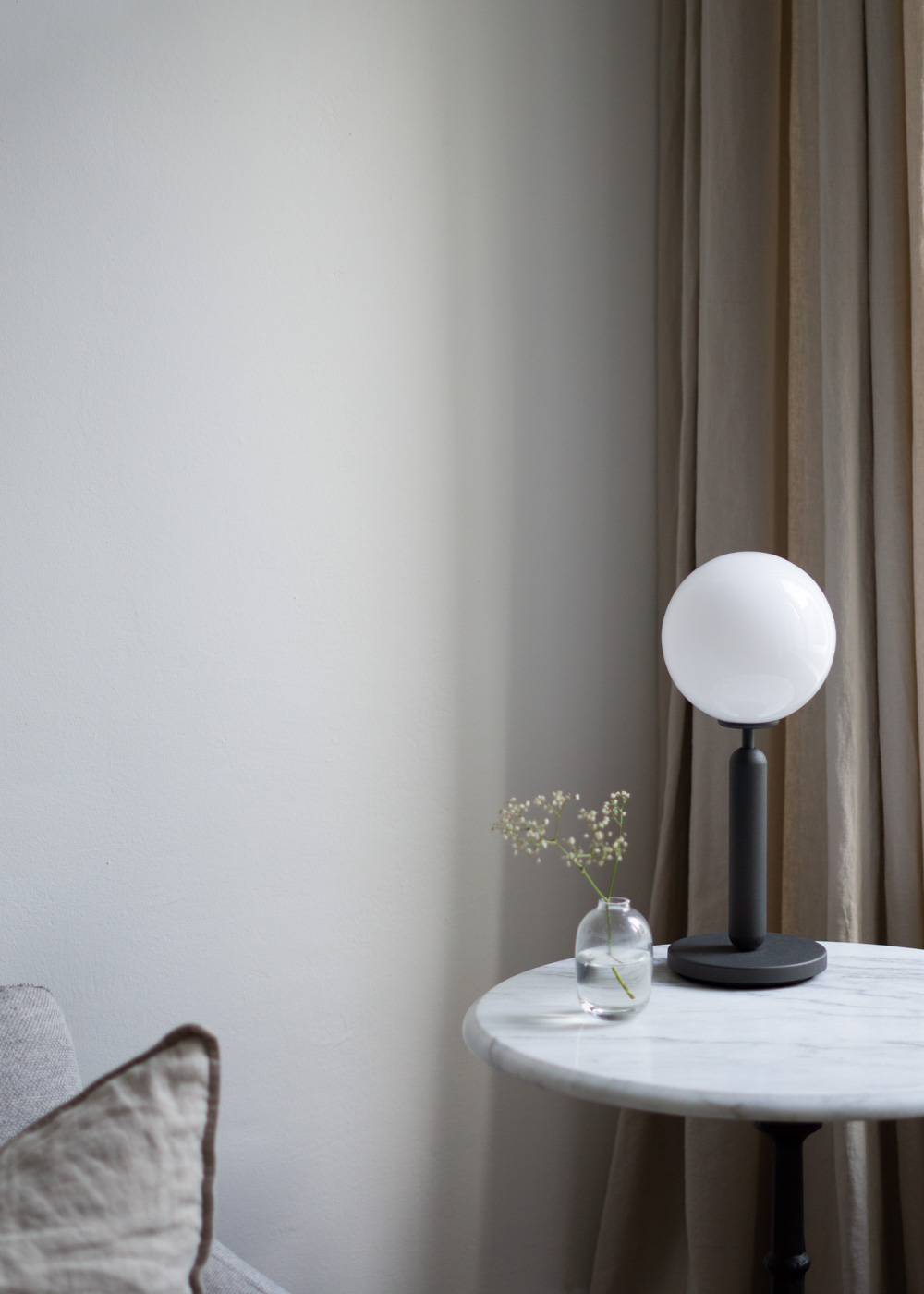 Nuura Lighting, Danish Design, Glass Table Lamp, Miira, Minimalist Home, Classic Interior, Timeless Style, Beige, Window, Shadows, White Scandinavian Decor, Neutral Aesthetic