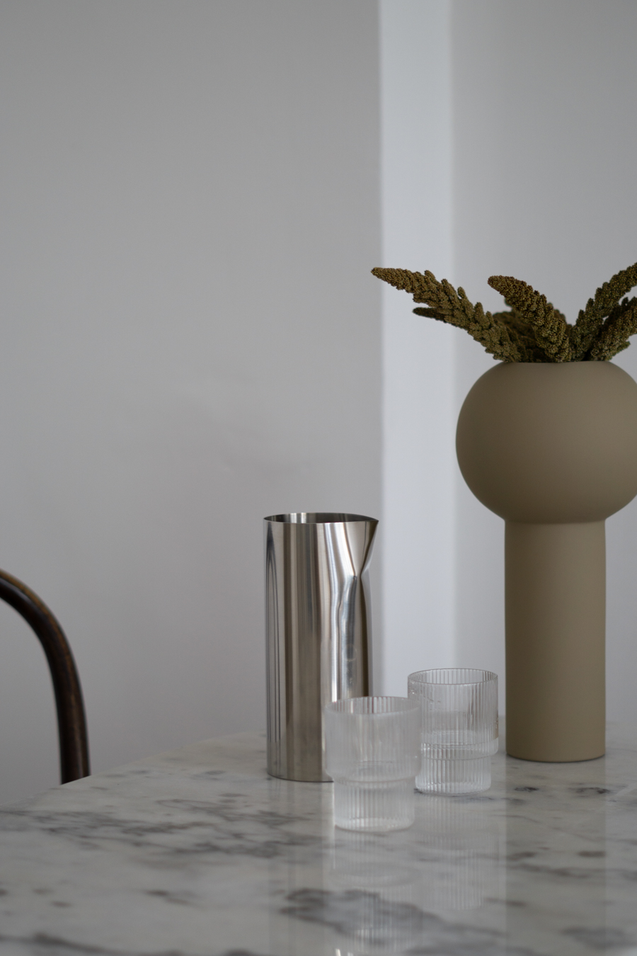 Fall Decor, New Works Pleat Pitcher, Cooee Design Vase, Ferm Living Glasses, Neutral Aesthetic, Scandinavian Home