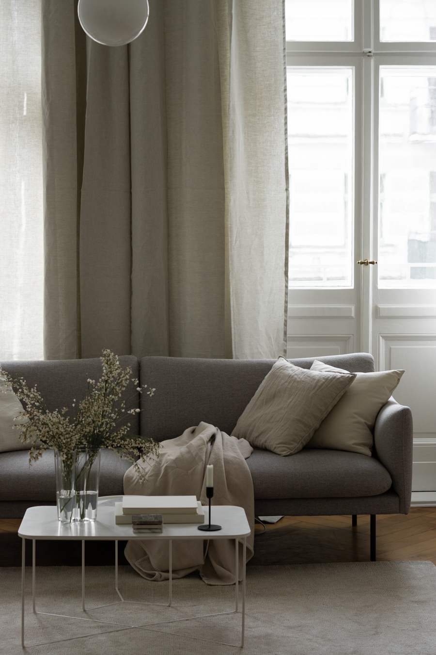Grey Sofa, Beige Linen Curtains, Interior Design