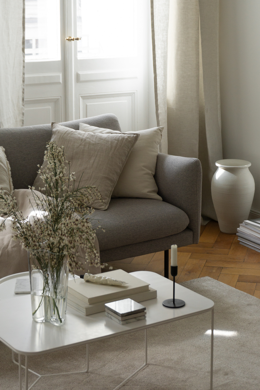 Grey Sofa, Beige Interior Design, Aalto Vase, Linen Curtains