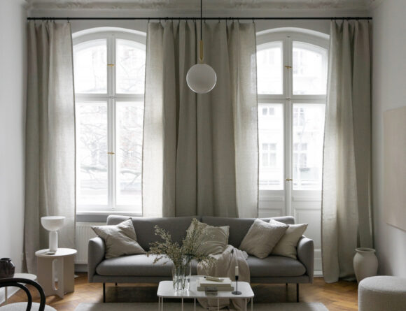 Grey Sofa, Beige Interior Design, Aalto Vase, Linen Curtains