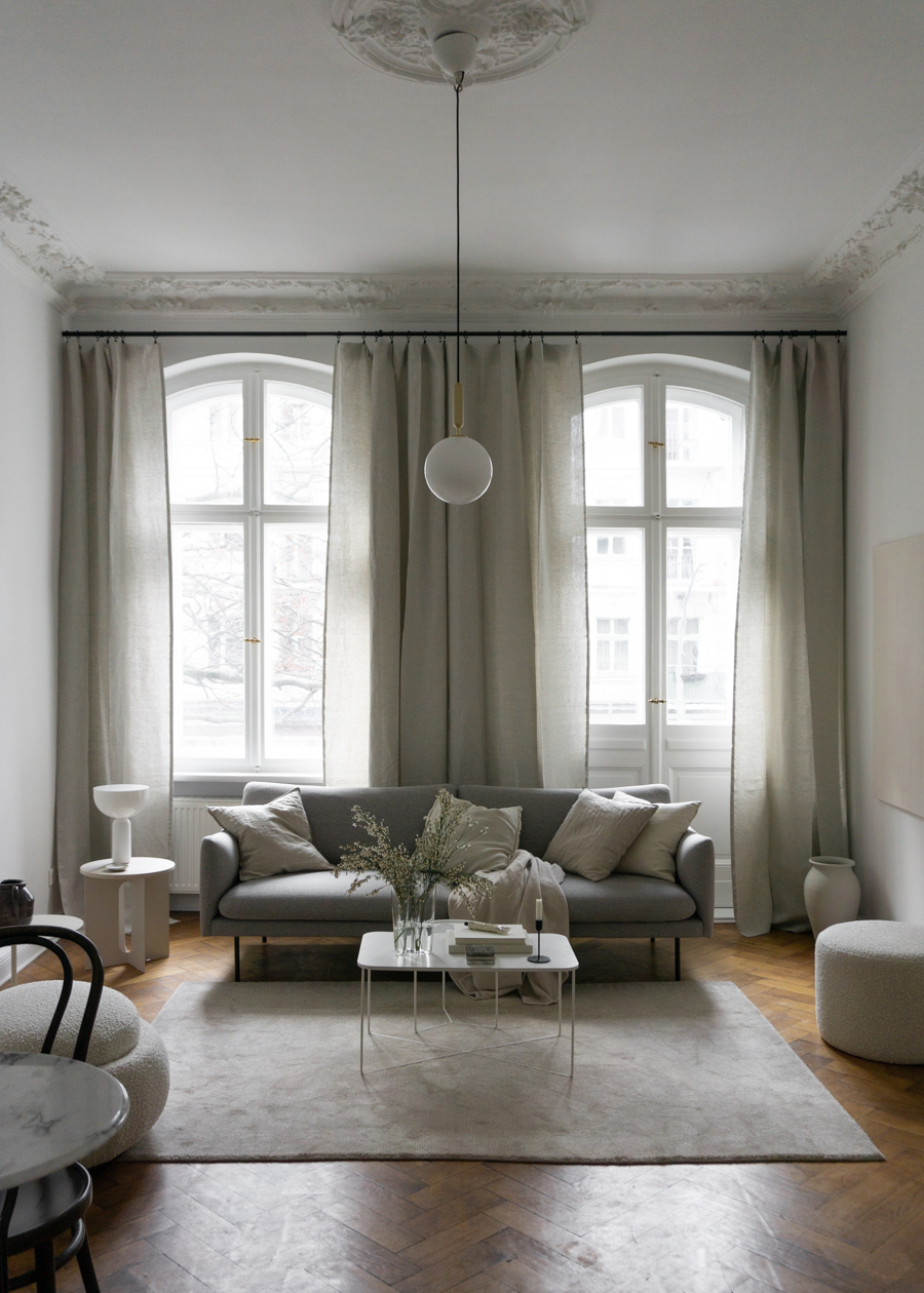 Grey Sofa, Beige Interior Design, Aalto Vase, Linen Curtains