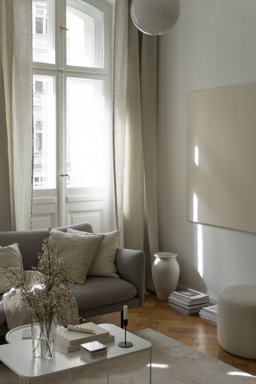 Airy Living Room, Beige Linen Curtains, Grey Sofa